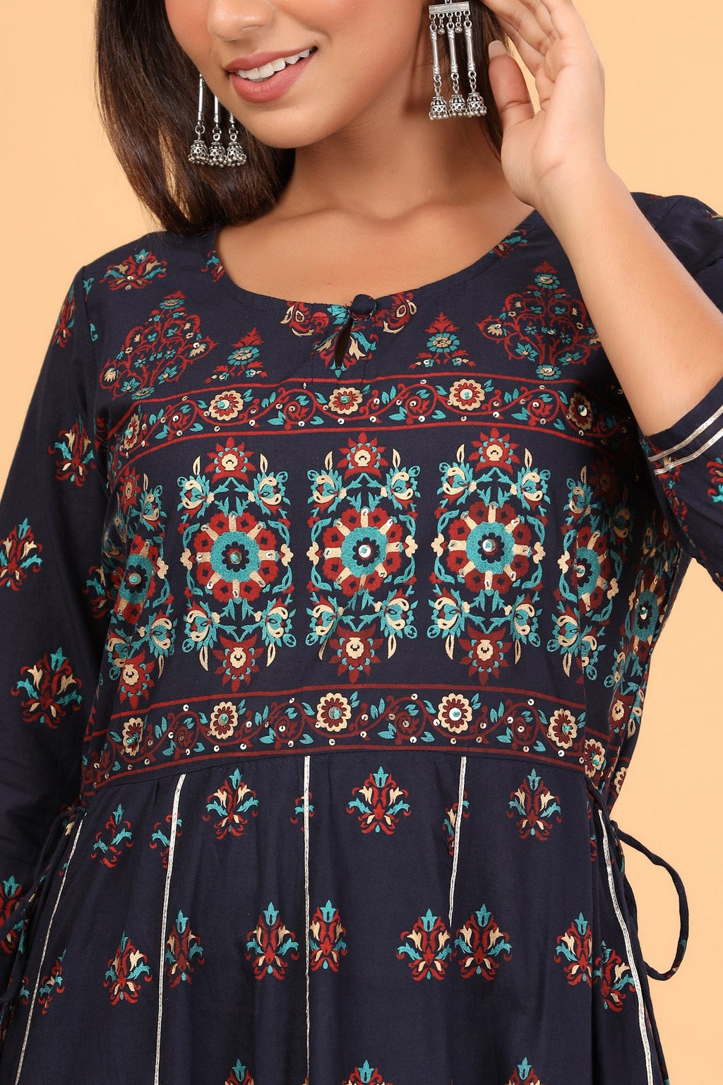 Kaajh Women's Blue Gold Print Embellishment Anarkali Kurta - Distacart
