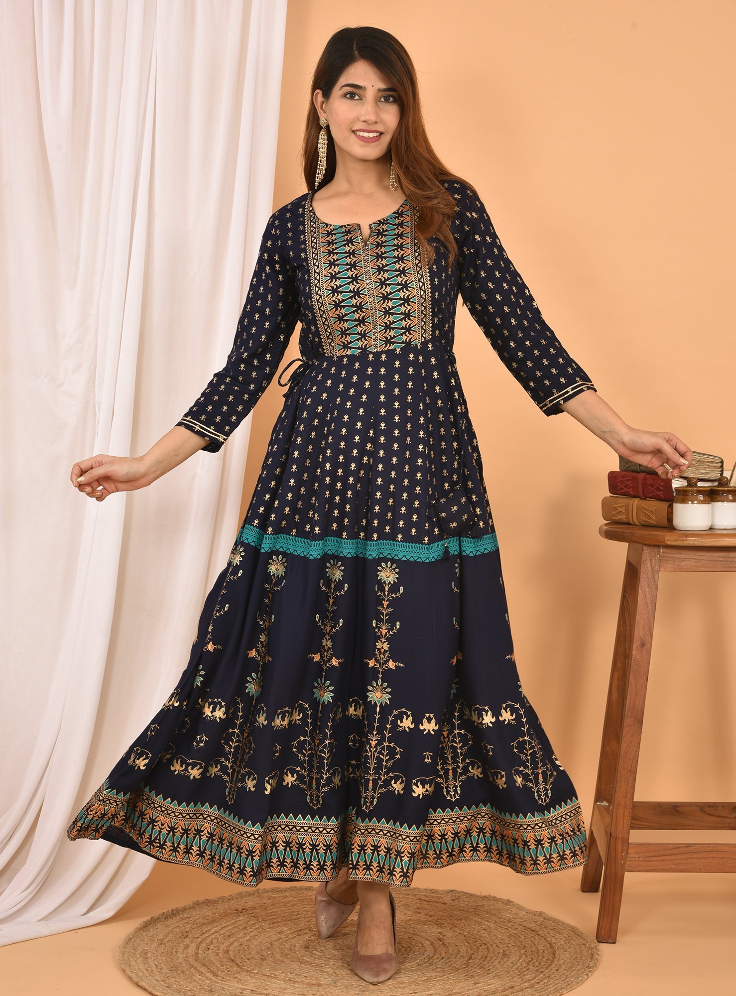 Kaajh Women's Blue Green Gold Print Embellishment Anarkali Kurta - Distacart
