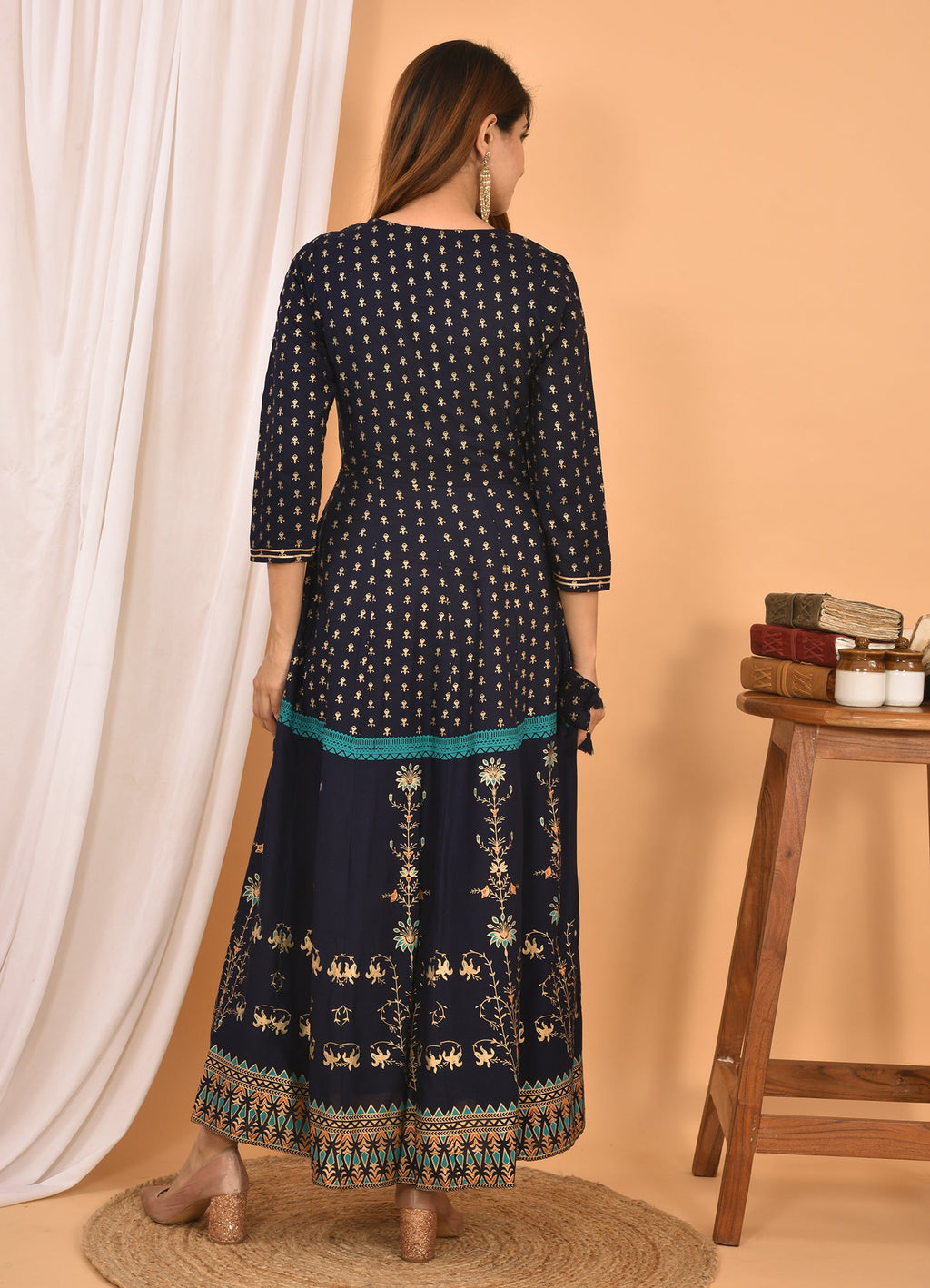 Kaajh Women's Blue Green Gold Print Embellishment Anarkali Kurta - Distacart