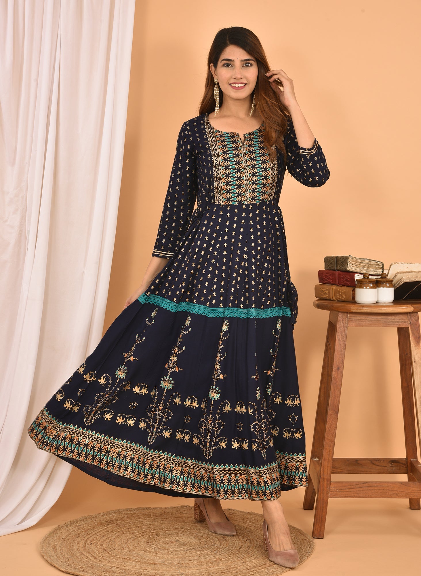 Kaajh Women's Blue Green Gold Print Embellishment Anarkali Kurta - Distacart
