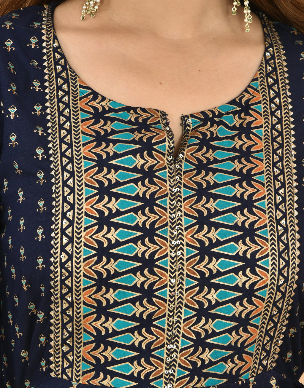 Kaajh Women's Blue Green Gold Print Embellishment Anarkali Kurta - Distacart