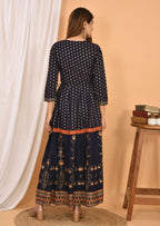Kaajh Women's Blue Orange Gold Print Embellishment Anarkali Kurta - Distacart