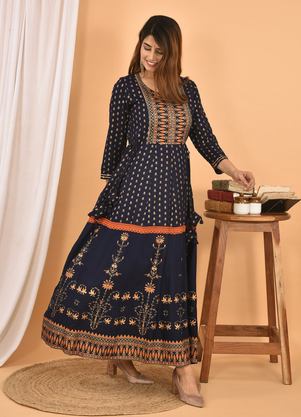 Kaajh Women's Blue Orange Gold Print Embellishment Anarkali Kurta - Distacart
