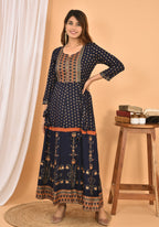 Kaajh Women's Blue Orange Gold Print Embellishment Anarkali Kurta - Distacart
