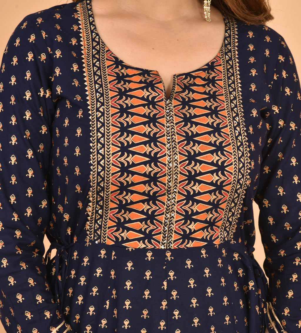 Kaajh Women's Blue Orange Gold Print Embellishment Anarkali Kurta - Distacart
