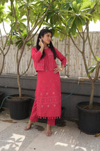 Kaajh Women's Red Printed Jacket Kurta Pant Set - Distacart