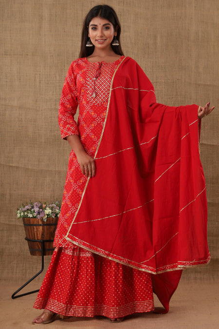 Kaajh Women's Red Bandhej Embellishment Suit Set