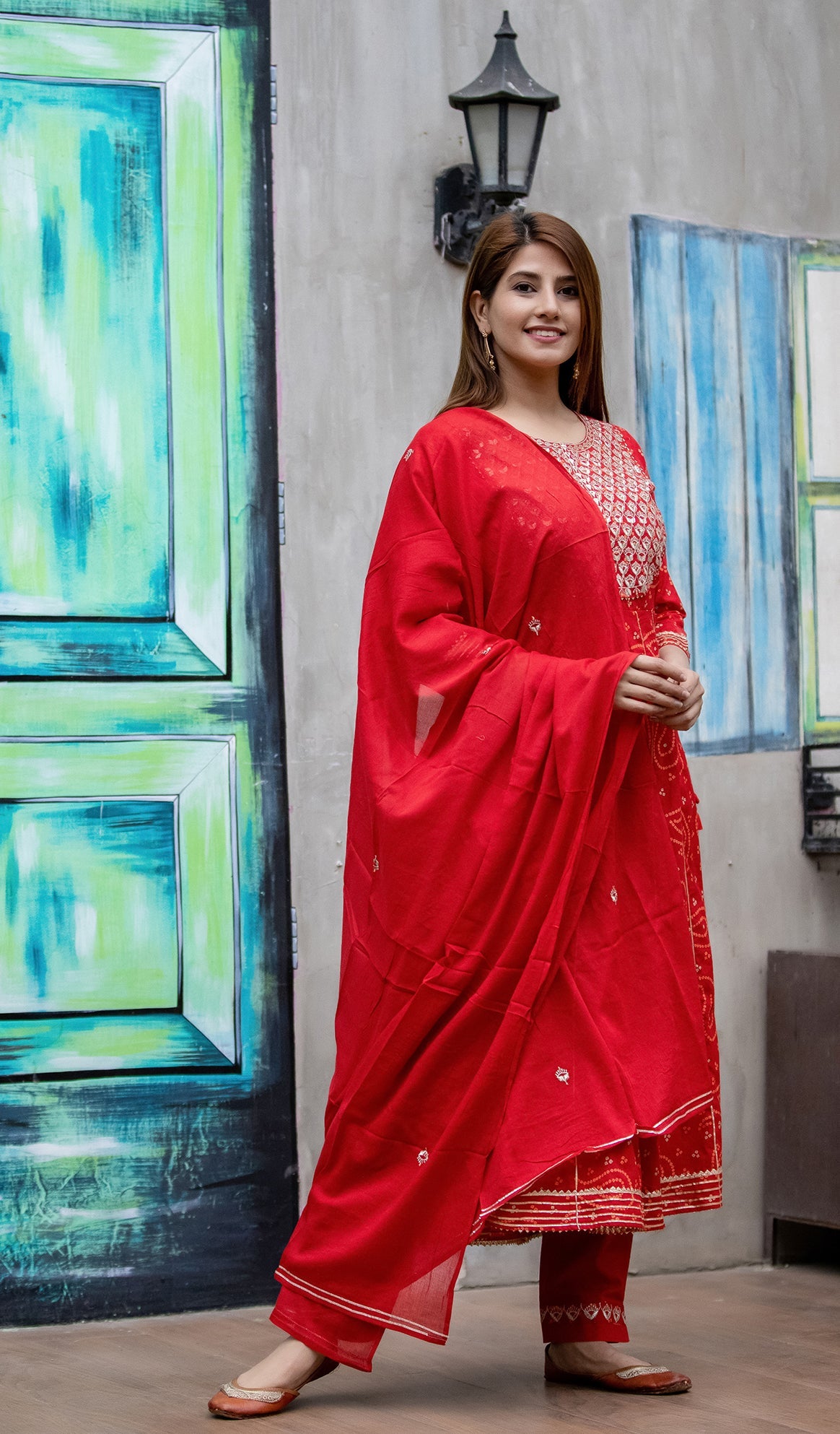 Kaajh Women's Red Bandhej Printed Anarkali Suit Set - Distacart