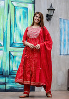 Kaajh Women's Red Bandhej Printed Anarkali Suit Set - Distacart