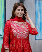 Kaajh Women's Red Bandhej Printed Anarkali Suit Set - Distacart