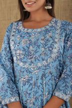 Kaajh Women's Blue Floral Print Embroidery Anarkali Kurta - Distacart