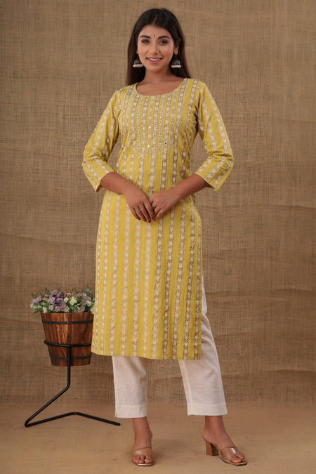 Kaajh Women's Yellow Mirror Embroidery Kurta Pant Set