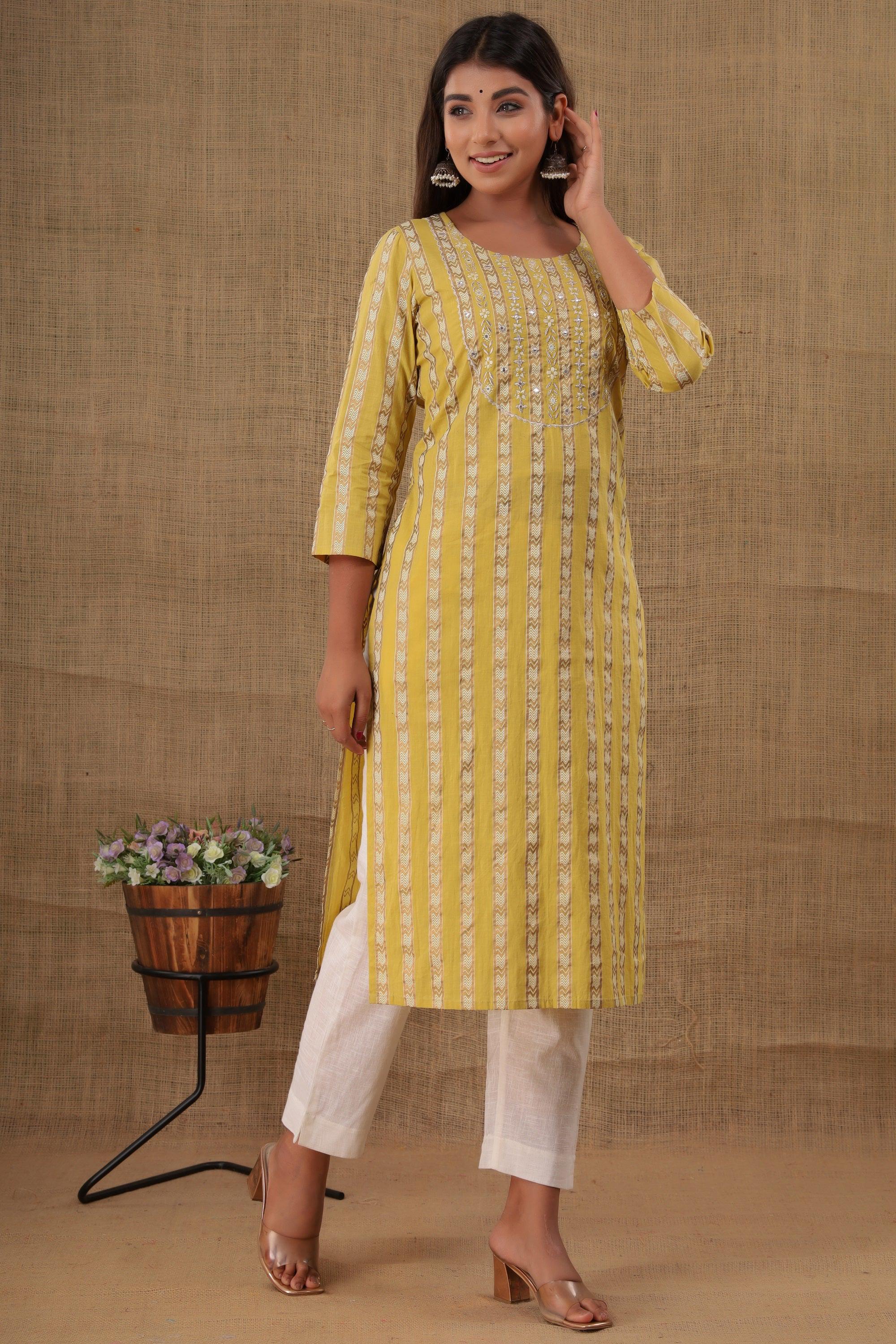 Kaajh Women's Yellow Mirror Embroidery Kurta Pant Set - Distacart