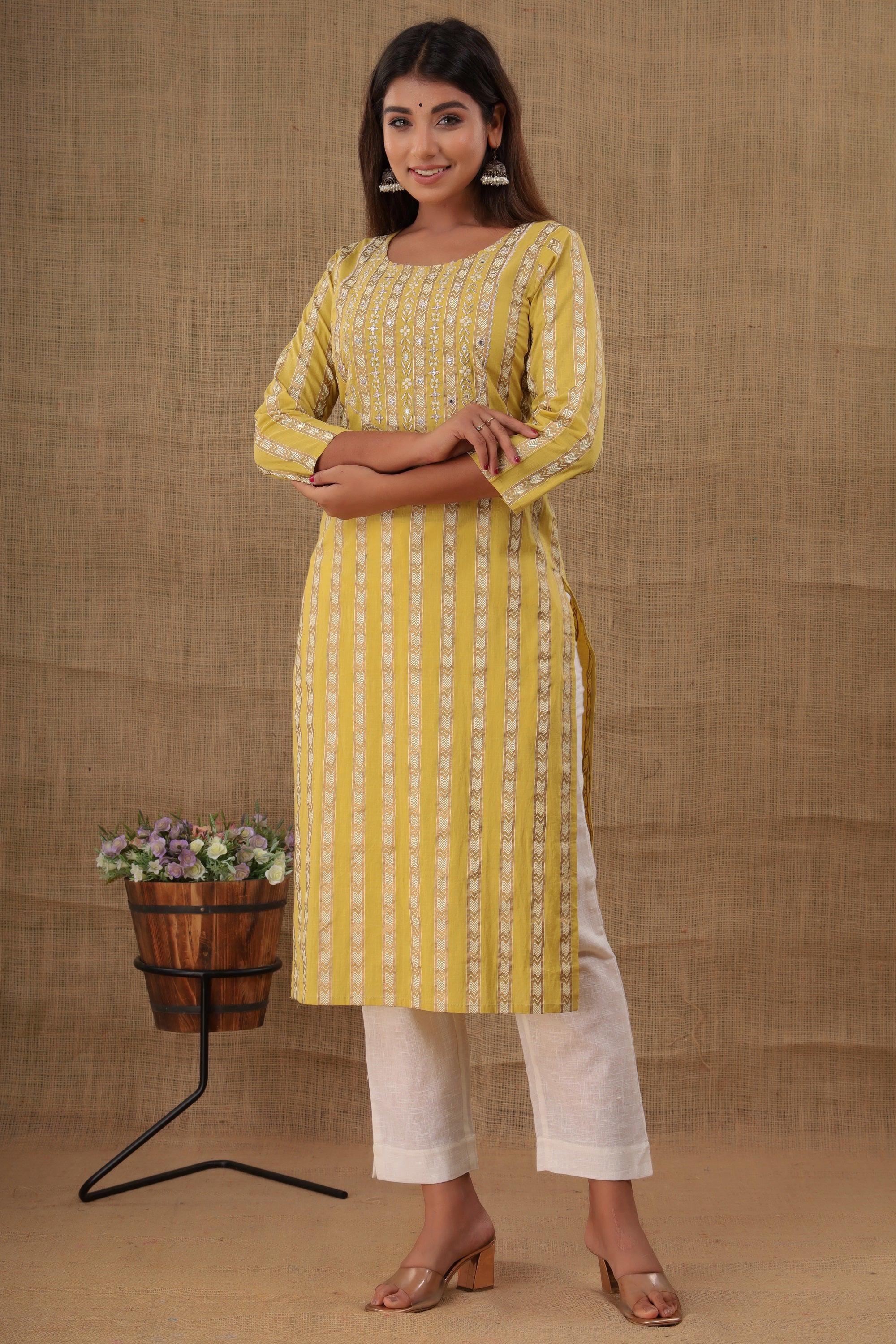Kaajh Women's Yellow Mirror Embroidery Kurta Pant Set - Distacart