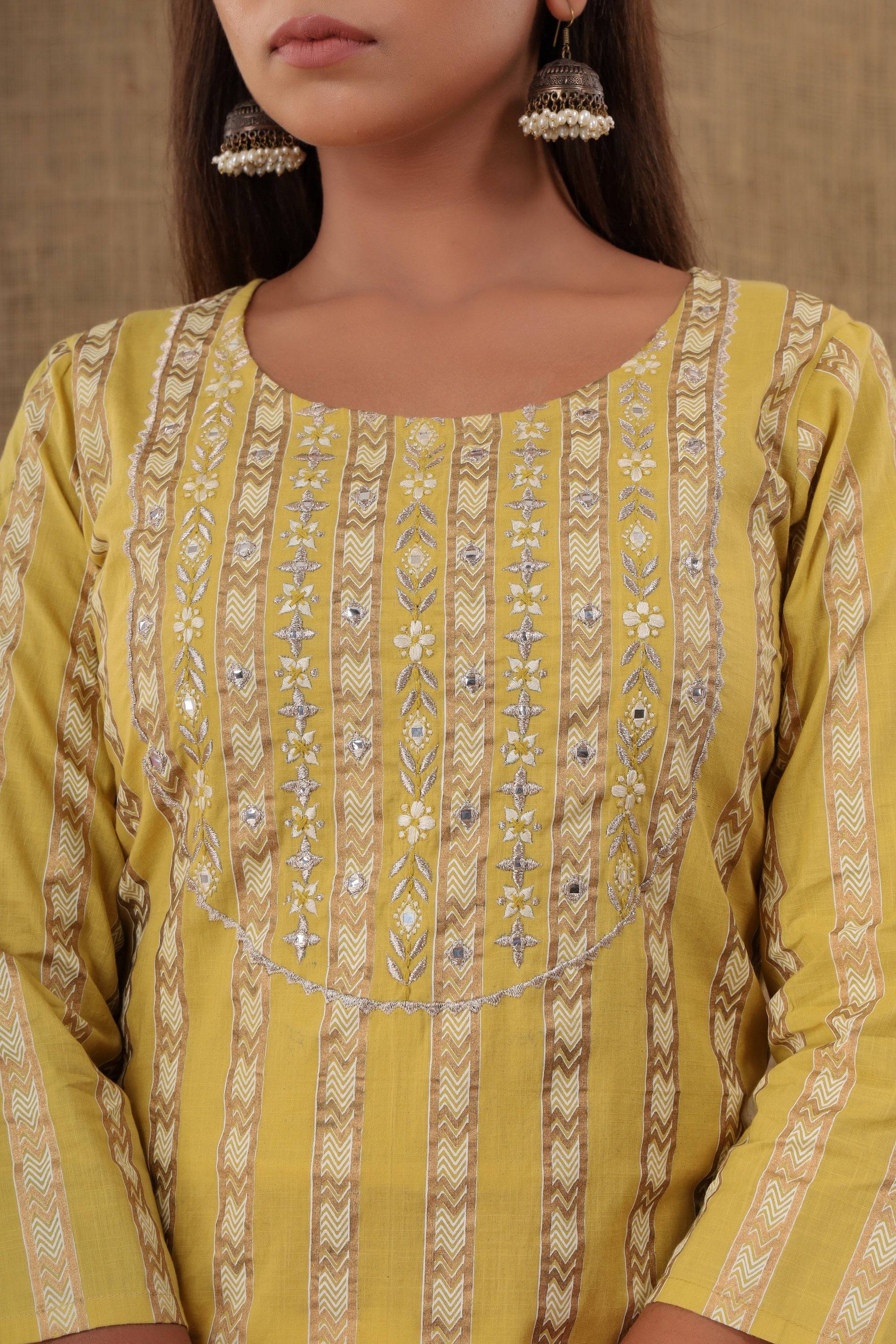 Kaajh Women's Yellow Mirror Embroidery Kurta Pant Set - Distacart
