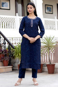 Kaajh Women's Blue Gold Printed Modal Silk Kurta Pant Set - Distacart