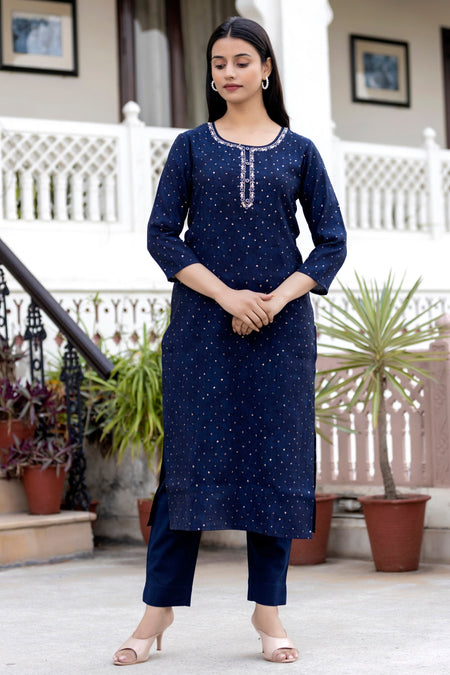 Kaajh Women's Blue Gold Printed Modal Silk Kurta Pant Set