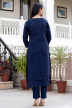 Kaajh Women's Blue Gold Printed Modal Silk Kurta Pant Set - Distacart