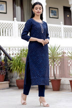 Kaajh Women's Blue Gold Printed Modal Silk Kurta Pant Set - Distacart