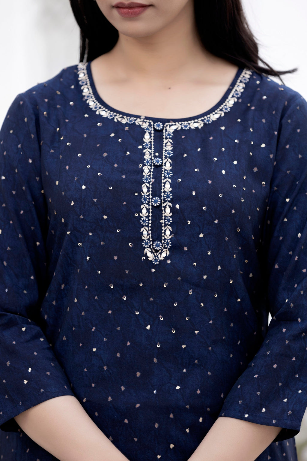 Kaajh Women's Blue Gold Printed Modal Silk Kurta Pant Set - Distacart