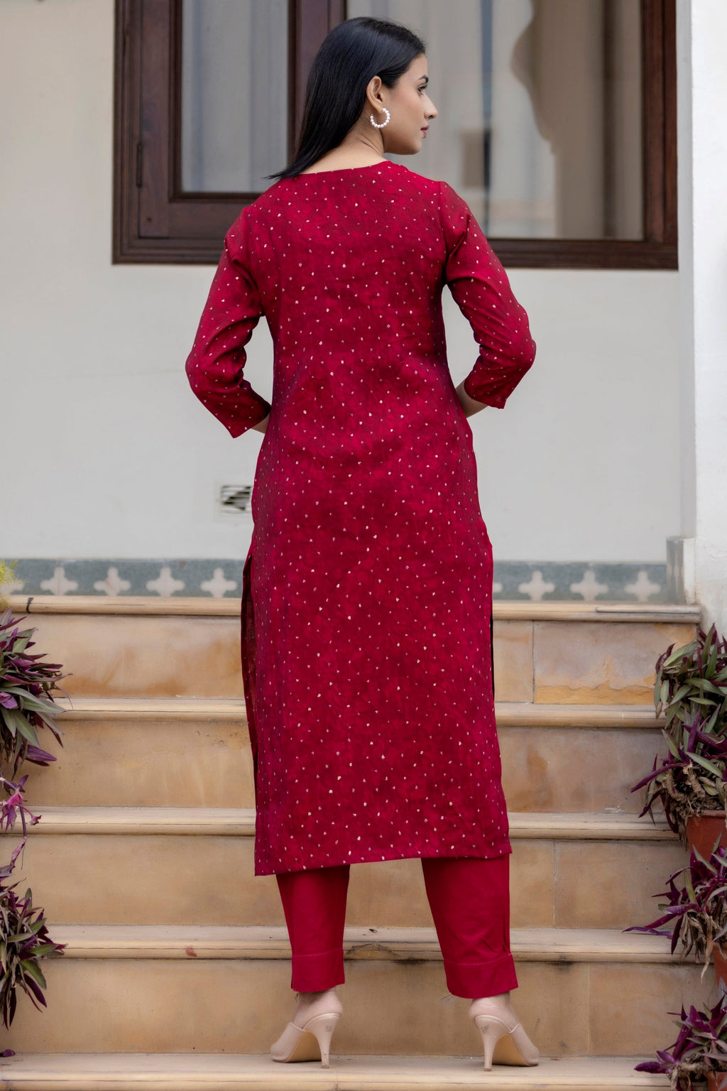 Kaajh Women's Maroon Gold Printed Modal Silk Kurta Pant Set - Distacart