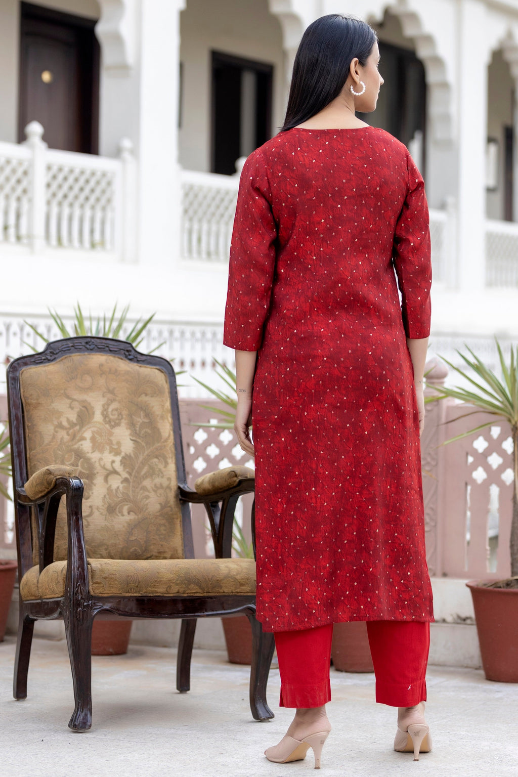 Kaajh Women's Red Gold Printed Modal Silk Kurta Pant Set - Distacart