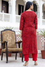 Kaajh Women's Red Gold Printed Modal Silk Kurta Pant Set - Distacart