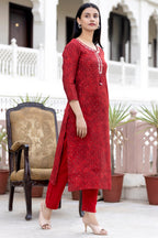 Kaajh Women's Red Gold Printed Modal Silk Kurta Pant Set - Distacart