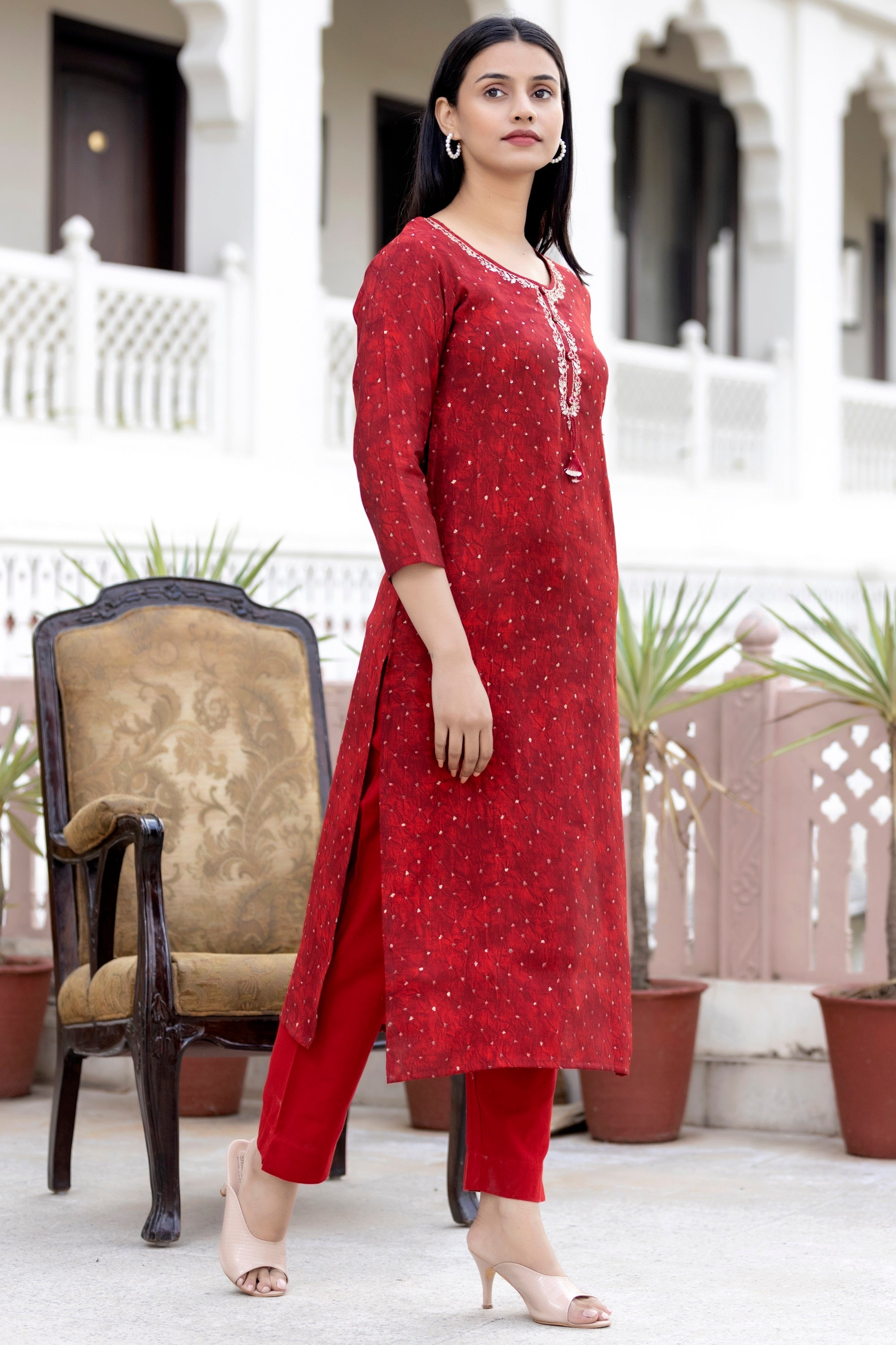Kaajh Women's Red Gold Printed Modal Silk Kurta Pant Set - Distacart