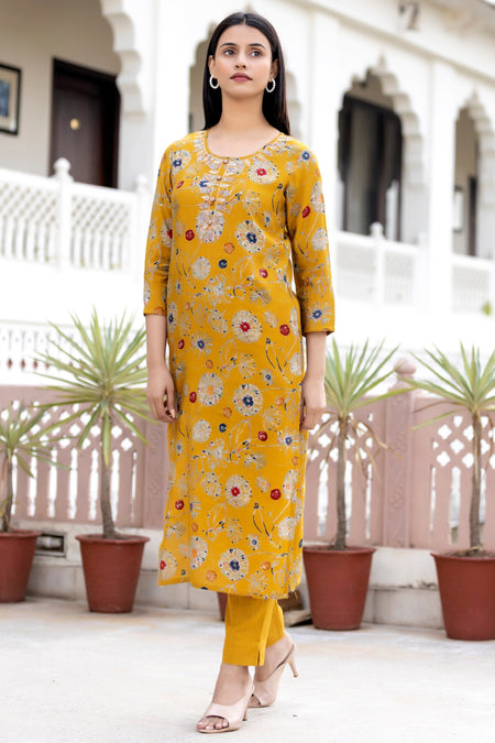 Kaajh Women's Yellow Floral Printed Modal Silk Kurta Pant Set