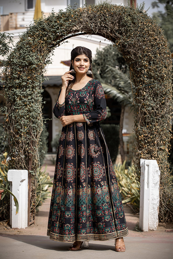 Kaajh Women's Black Gold Printed Ethnic Gown - Distacart