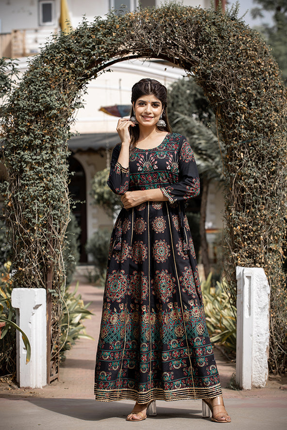 Kaajh Women's Black Gold Printed Ethnic Gown - Distacart