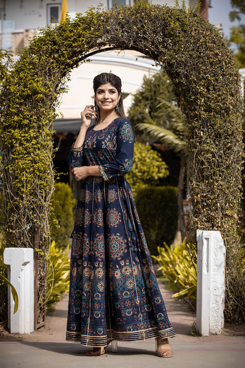 Kaajh Women's Blue Gold Printed Ethnic Gown - Distacart
