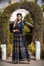 Kaajh Women's Blue Gold Printed Ethnic Gown - Distacart
