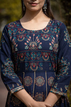 Kaajh Women's Blue Gold Printed Ethnic Gown - Distacart