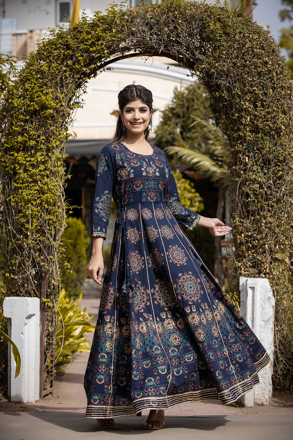 Kaajh Women's Blue Gold Printed Ethnic Gown - Distacart