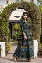 Kaajh Women's Green Gold Printed Ethnic Gown - Distacart