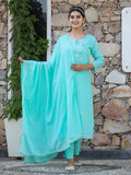Kaajh Woman's Green Mirror Embellished Cotton Kurta Pant And Dupatta Set - Distacart