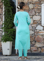 Kaajh Woman's Green Mirror Embellished Cotton Kurta Pant And Dupatta Set - Distacart