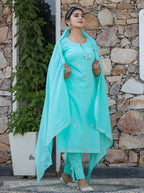 Kaajh Woman's Green Mirror Embellished Cotton Kurta Pant And Dupatta Set - Distacart