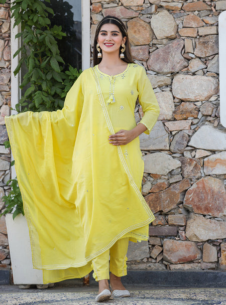 Kaajh Woman's Yellow Mirror Embellished Cotton Kurta Pant And Dupatta Set