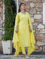 Kaajh Woman's Yellow Mirror Embellished Cotton Kurta Pant And Dupatta Set - Distacart