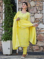 Kaajh Woman's Yellow Mirror Embellished Cotton Kurta Pant And Dupatta Set - Distacart