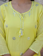 Kaajh Woman's Yellow Mirror Embellished Cotton Kurta Pant And Dupatta Set - Distacart