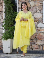 Kaajh Woman's Yellow Mirror Embellished Cotton Kurta Pant And Dupatta Set - Distacart