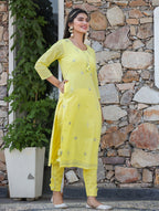 Kaajh Woman's Yellow Mirror Embellished Cotton Kurta Pant And Dupatta Set - Distacart