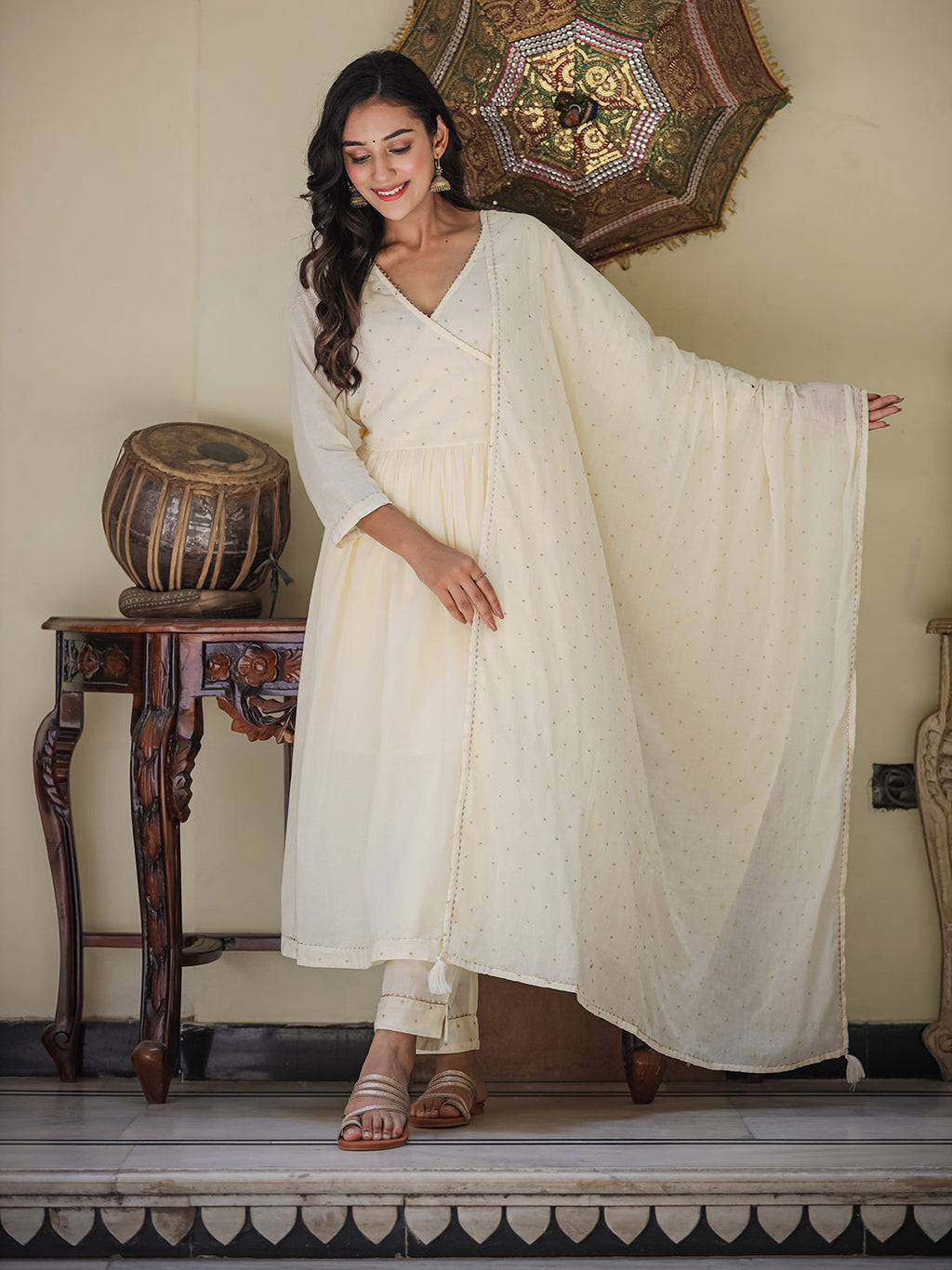 Kaajh Women's Ivory Embroidered Angrakha Kurta Set With Trouser And Dupatta - Distacart