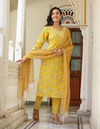 Kaajh Women's Sun Flower Yellow Handblock Cotton Kurta Set With Trouser And Dupatta - Distacart