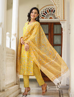 Kaajh Women's Sun Flower Yellow Handblock Cotton Kurta Set With Trouser And Dupatta - Distacart