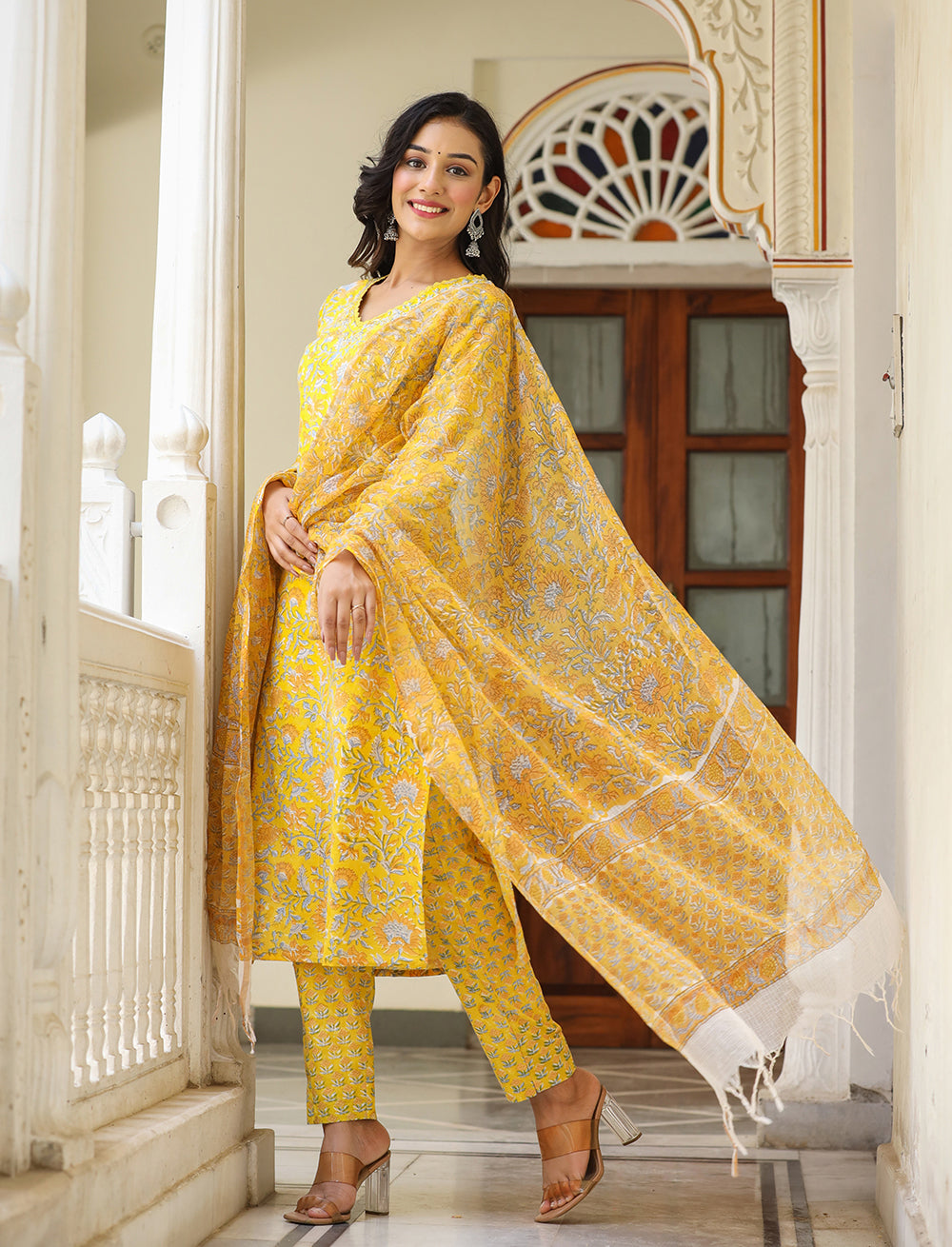 Kaajh Women's Sun Flower Yellow Handblock Cotton Kurta Set With Trouser And Dupatta - Distacart